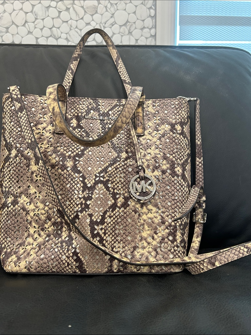 Michael Kors Snake-Print Tote in Brown and Tan 13”X11” - Picture 3 of 12
